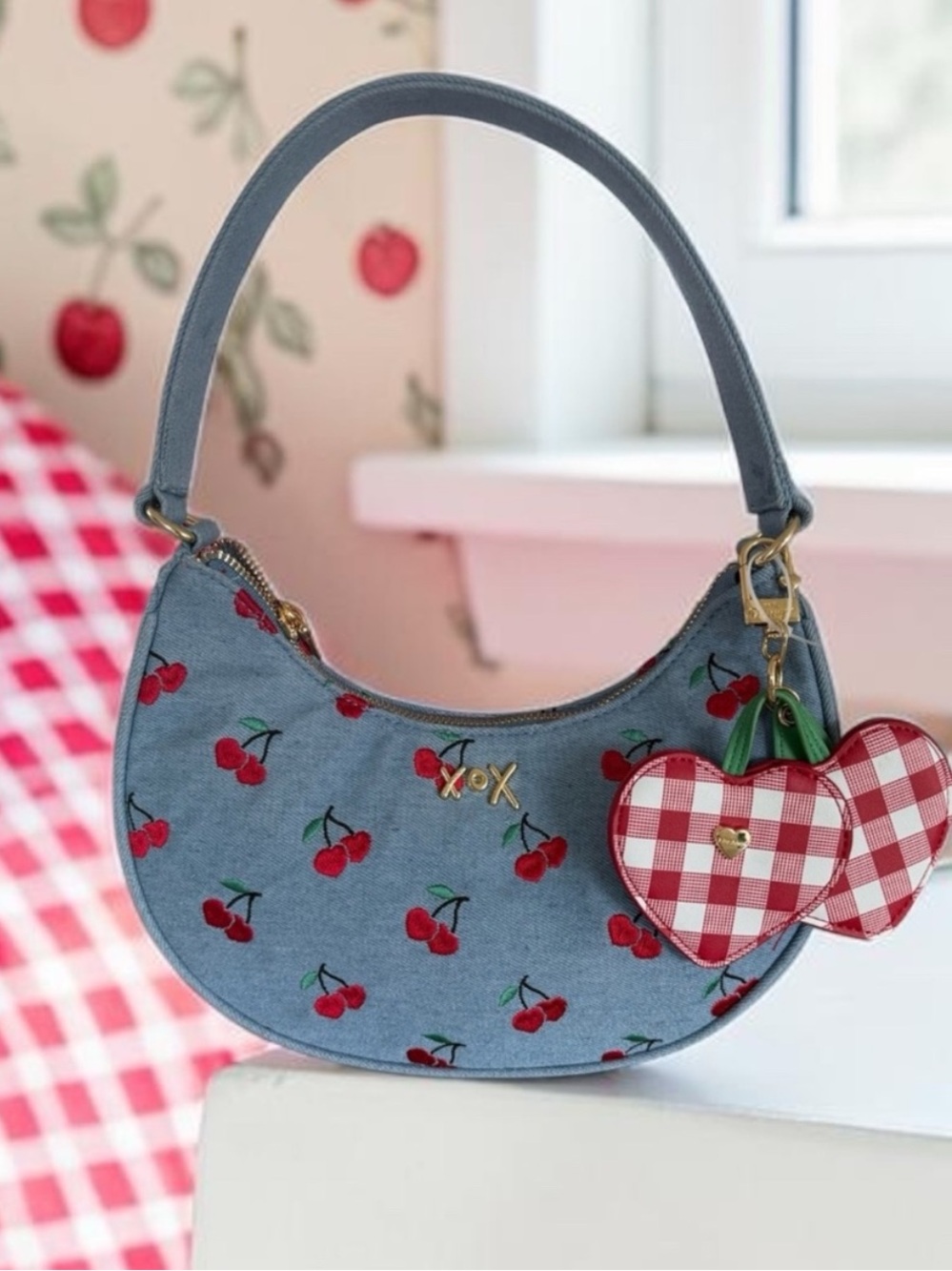 Betsey Johnson NWT DENIM CHERRY Demi SHOULDER BAG with huge bag charm